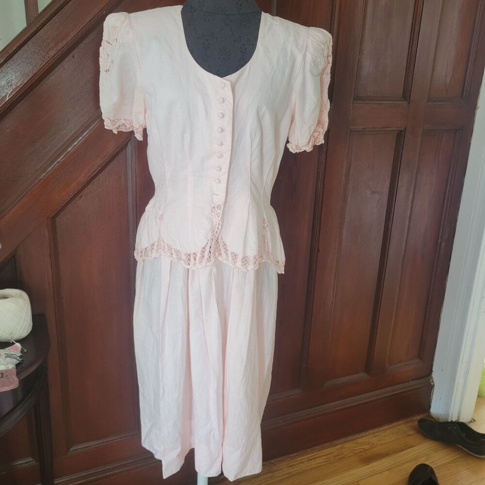 Vintage Light Pink Button-Front Dress With Lace Trim Kathie Lee